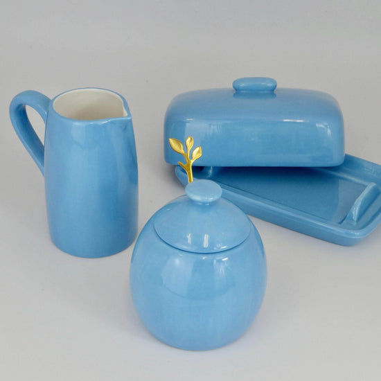 Butter Dish, Sugar Bowl, Milk Jug Set Sky Blue Glaze