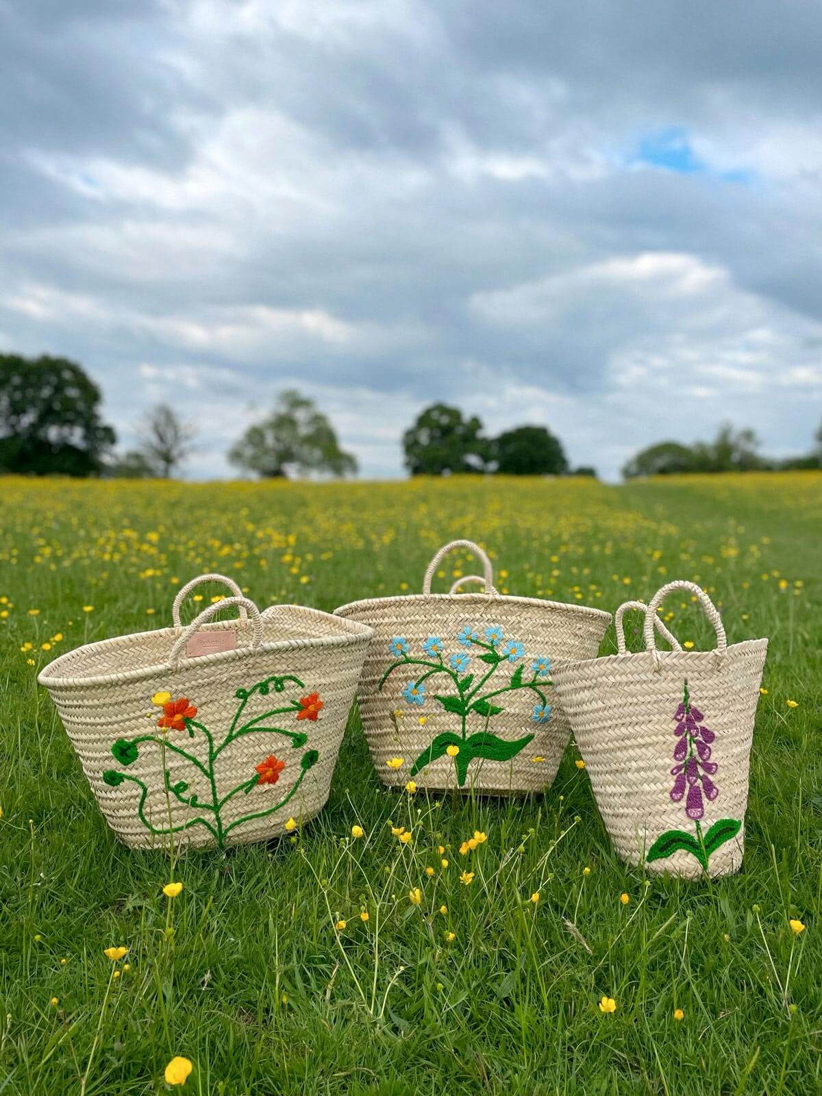 Hand Embroidered Market Basket, Nasturtium