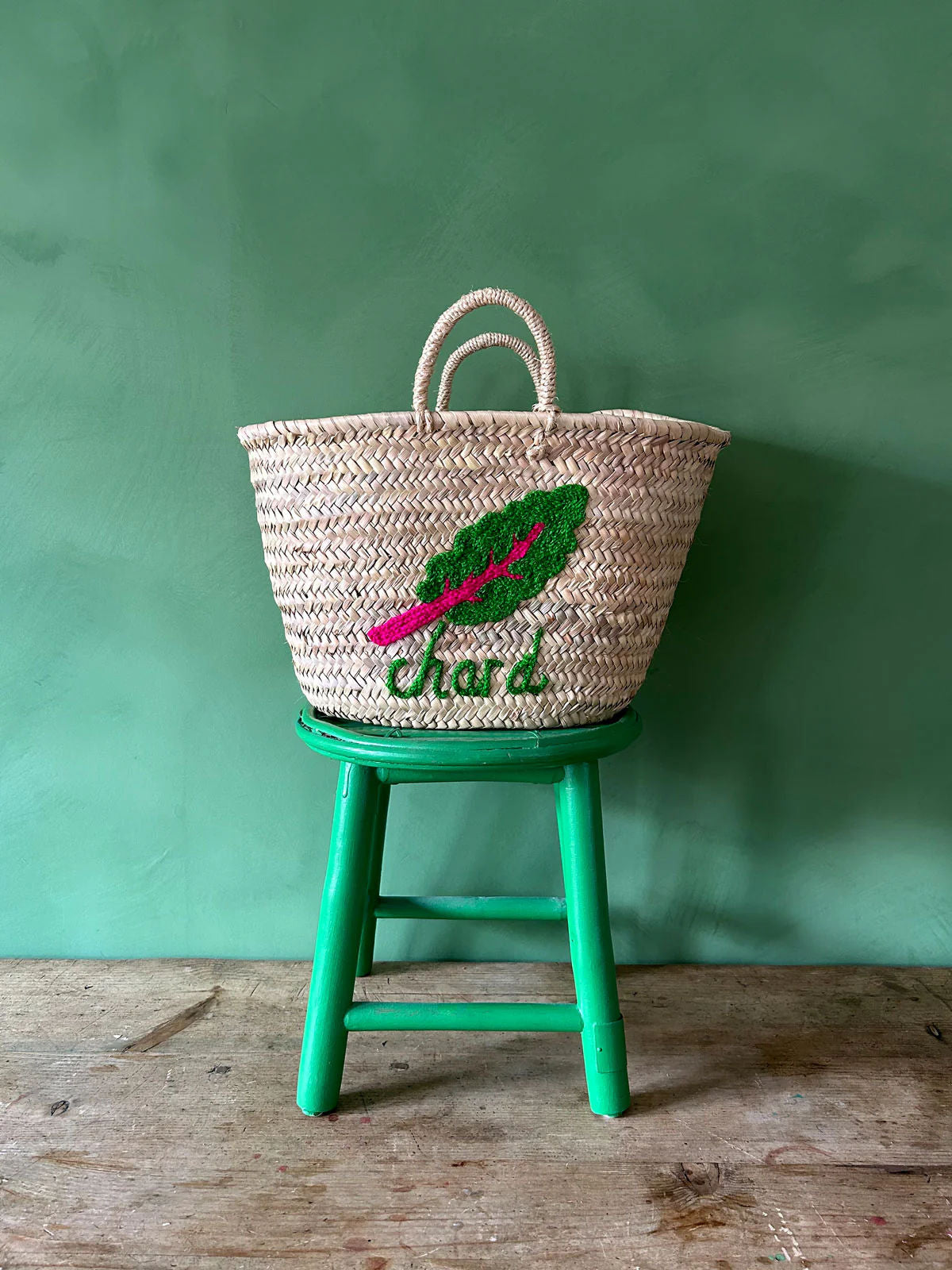 Hand Embroidered Market Basket, Chard