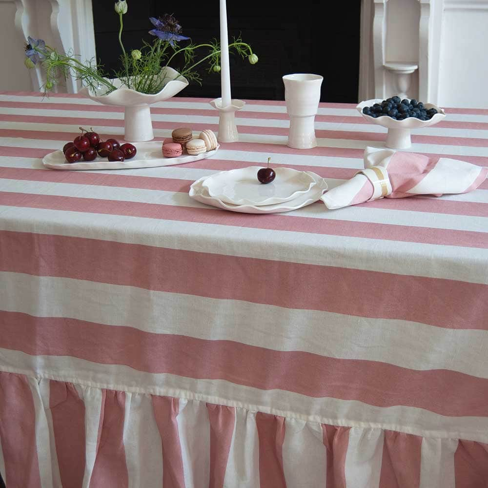 Pink Striped Rectangle Tablecloth Ruffle