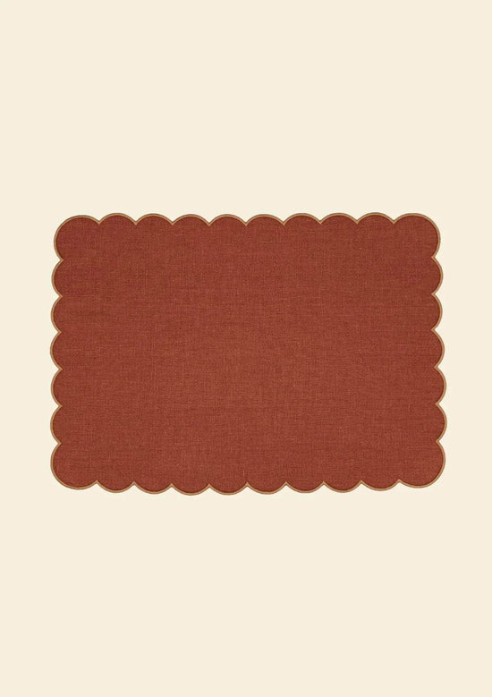 The Red and Yellow Ochre Linen Scalloped Rectangular Placemats (Set of 2)