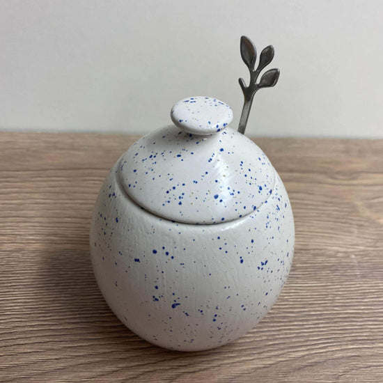 Sugar Bowl with Spoon Light Speckled Blue