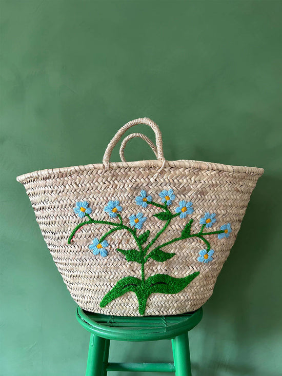 Hand Embroidered Market Basket, Forget-Me-Not