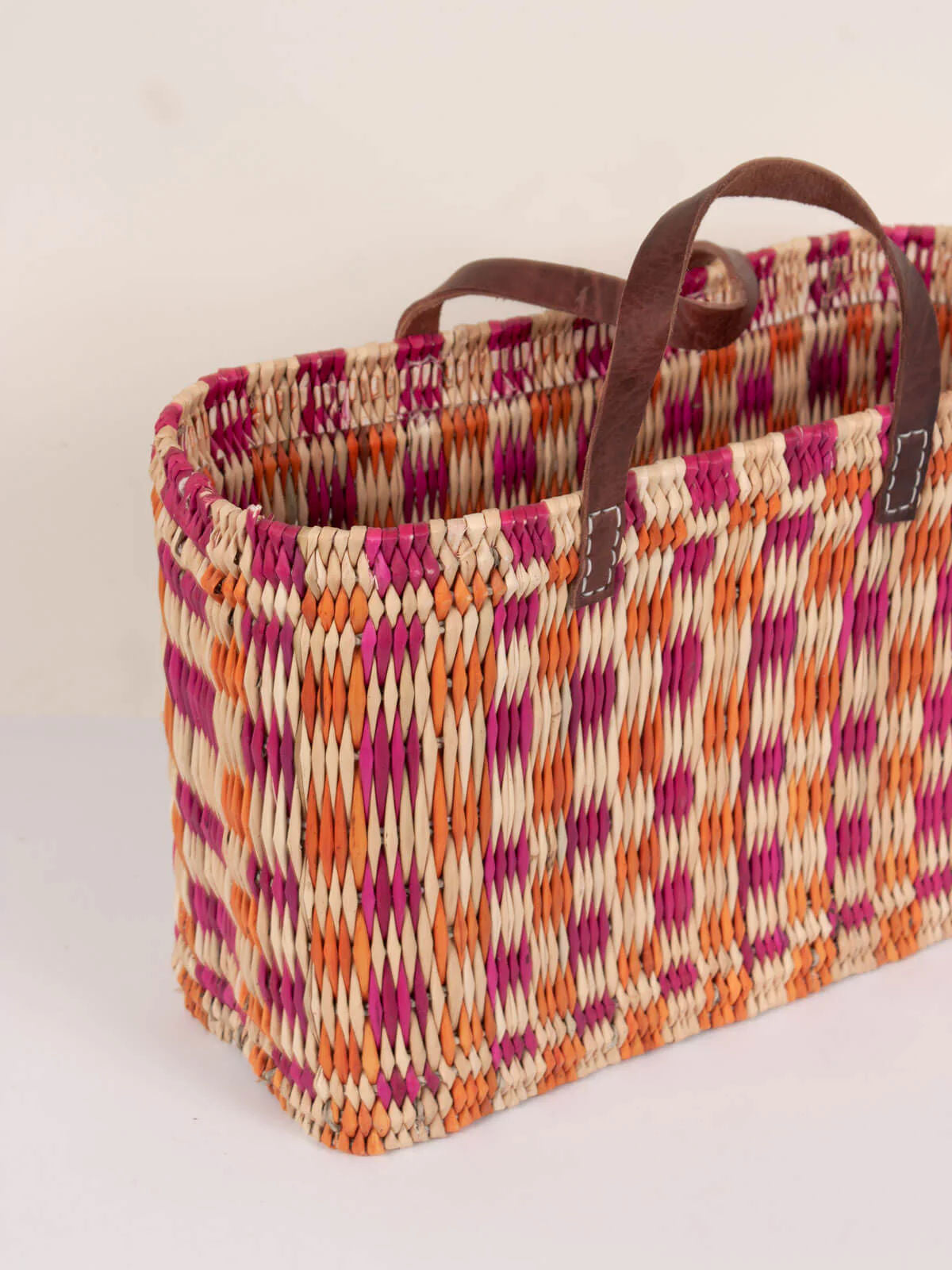 Chequered Reed Basket - Pink + Orange