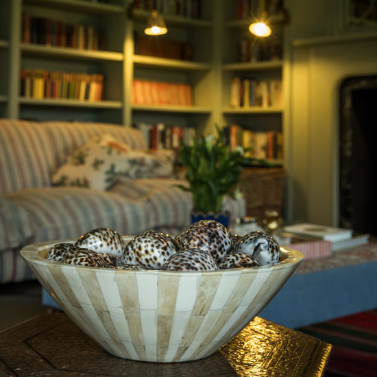 Large Bone Inlay Bowl | Beige & White | Striped