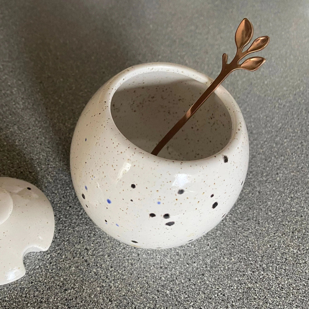 Sugar Bowl with Lid, Jam Pot, Leafy Spoon, Confetti Glaze