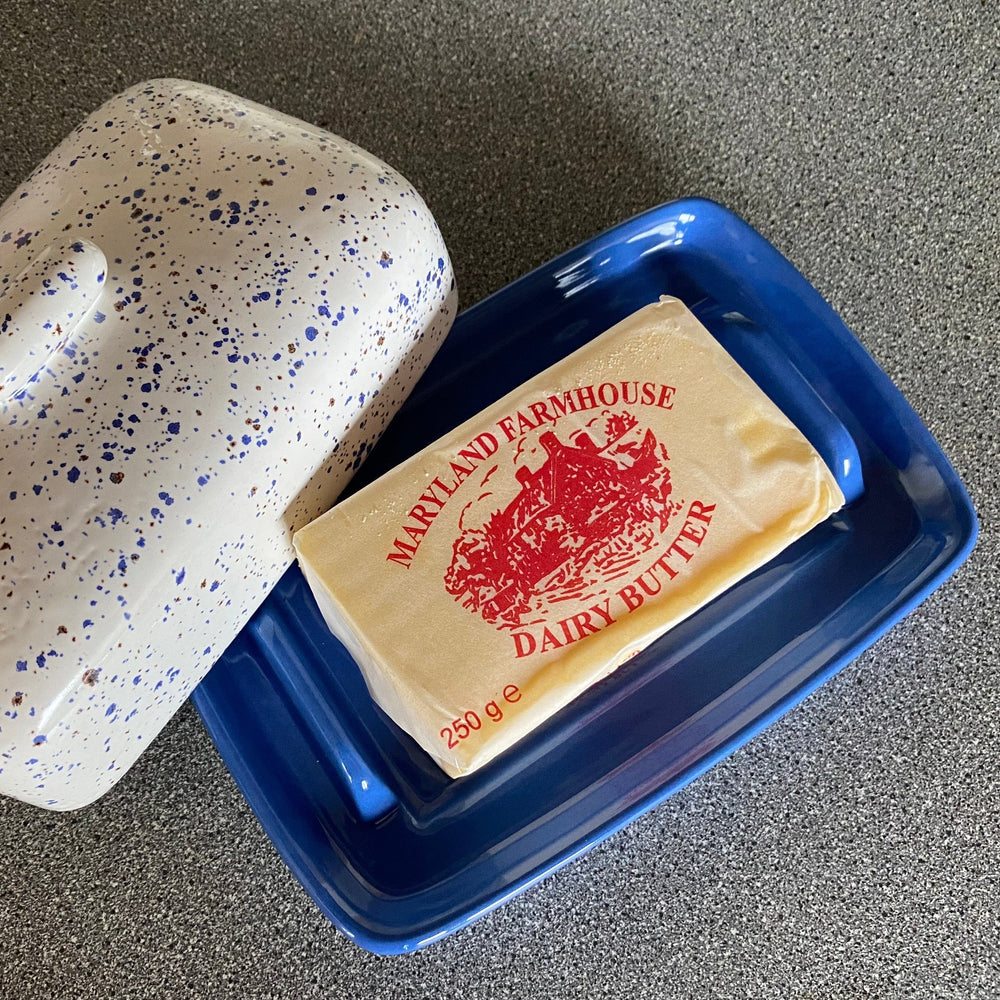 Butter Dish, Speckled Blue with Air Force Blue Dish