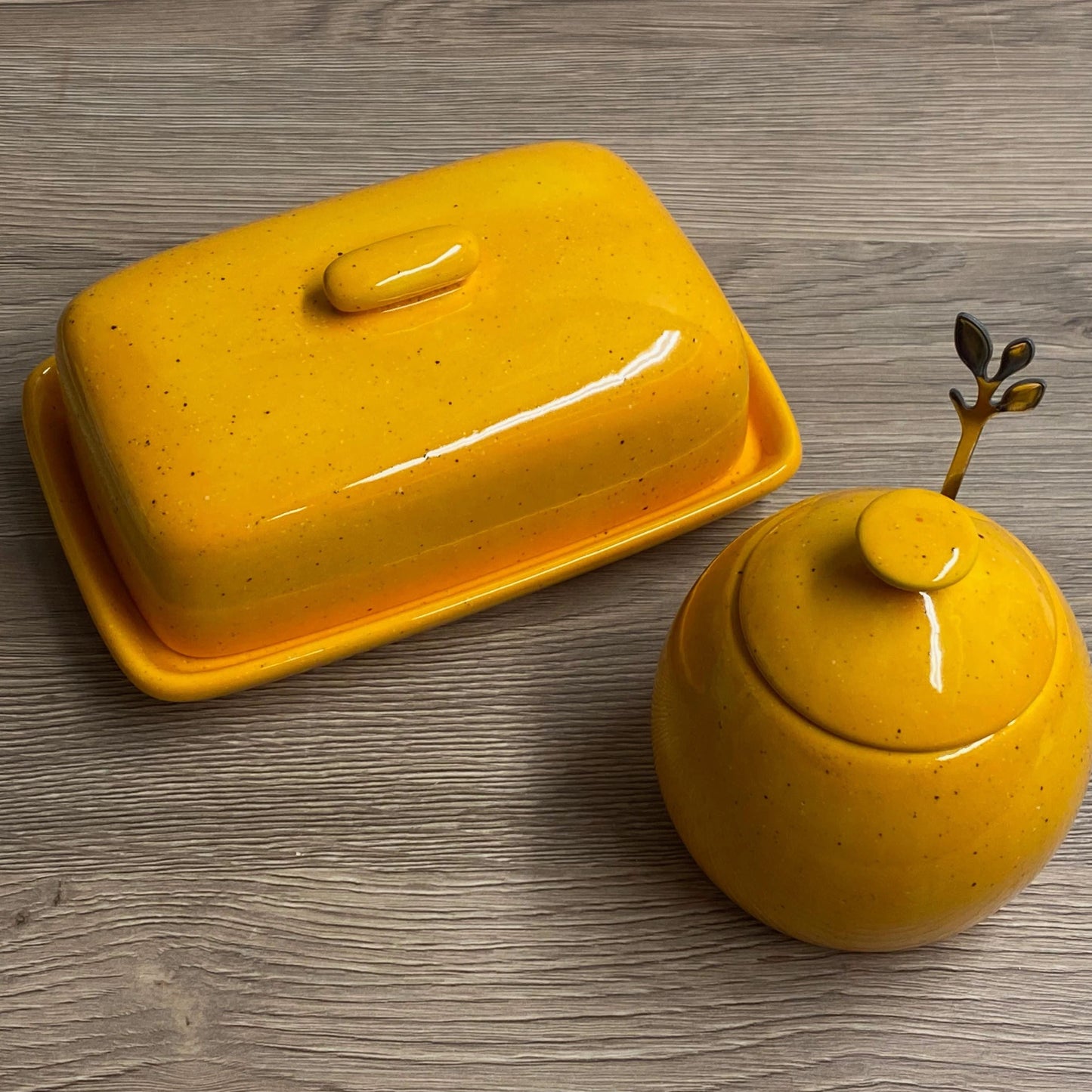 Butter Dish with Sugar Bowl Set - Yellow Speckle Glaze