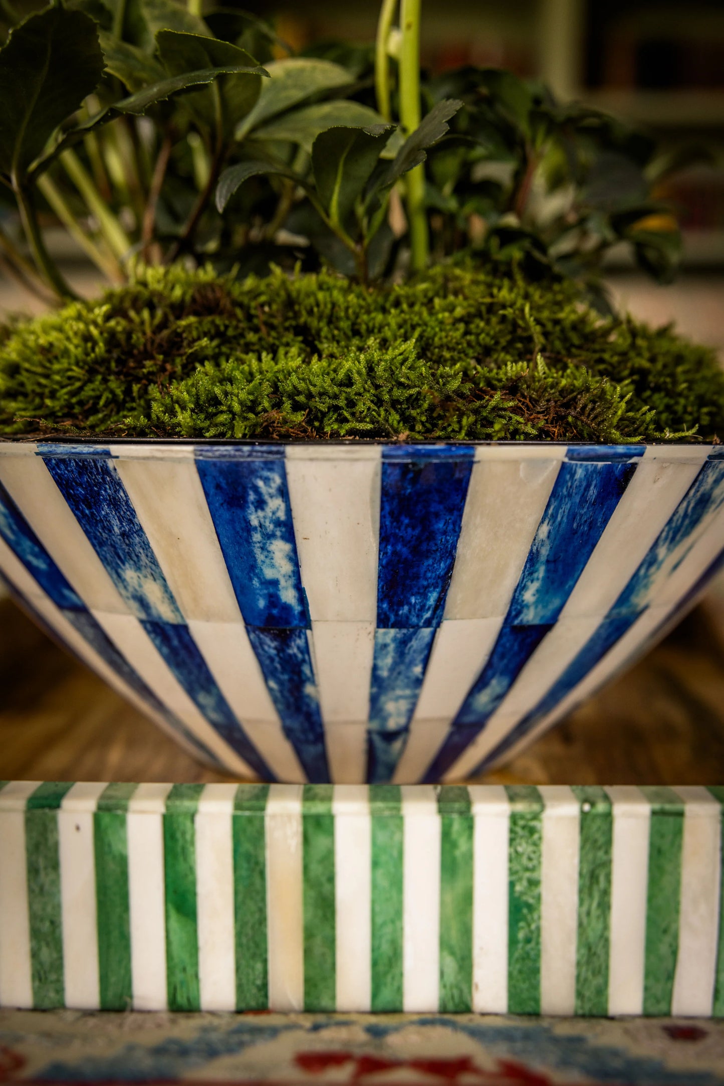 Large Bone Inlay Bowl | Blue & White | Striped