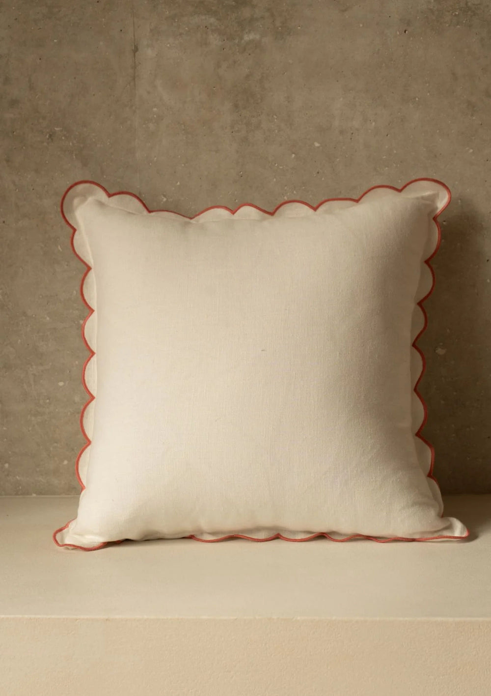 The White & Blushed Pink Scalloped Linen Square Cushion