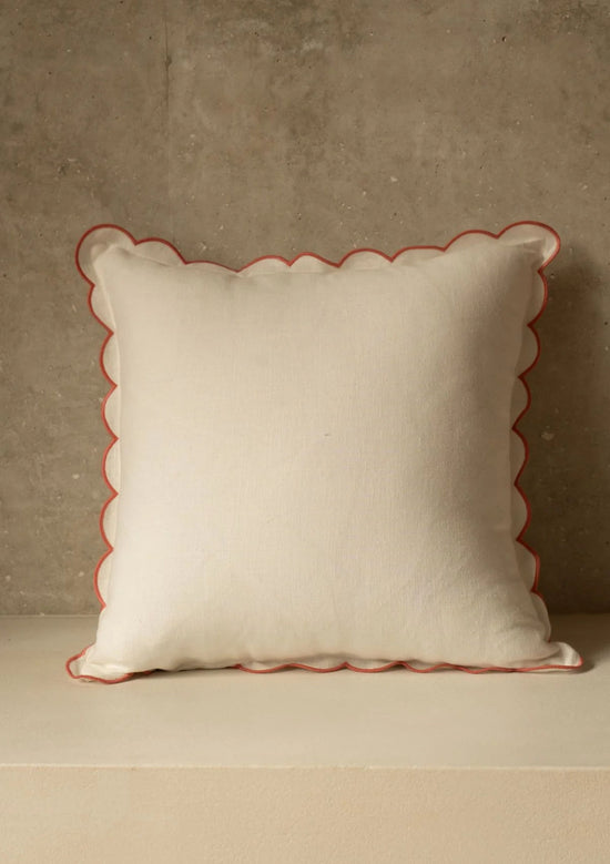 The White & Blushed Pink Scalloped Linen Square Cushion