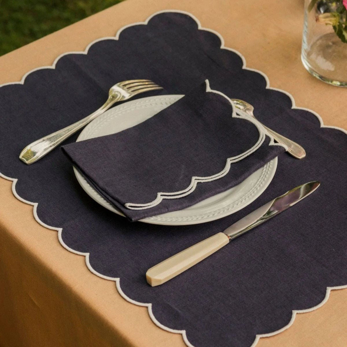 The Slate Blue and White Linen Scalloped Napkins (Set of 2)