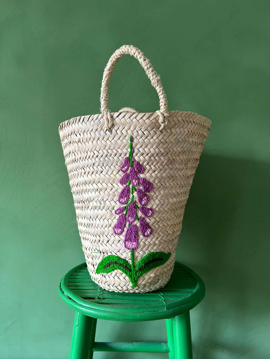 Hand Embroidered Bucket Basket, Foxglove