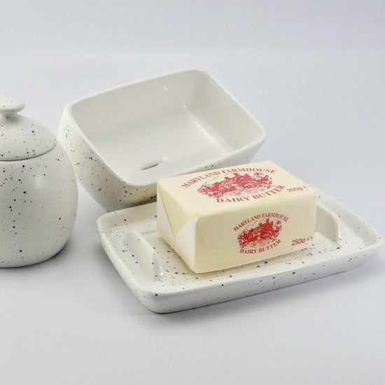 Butter Dish and Sugar Bowl Set - Light Blue Speckled Glaze