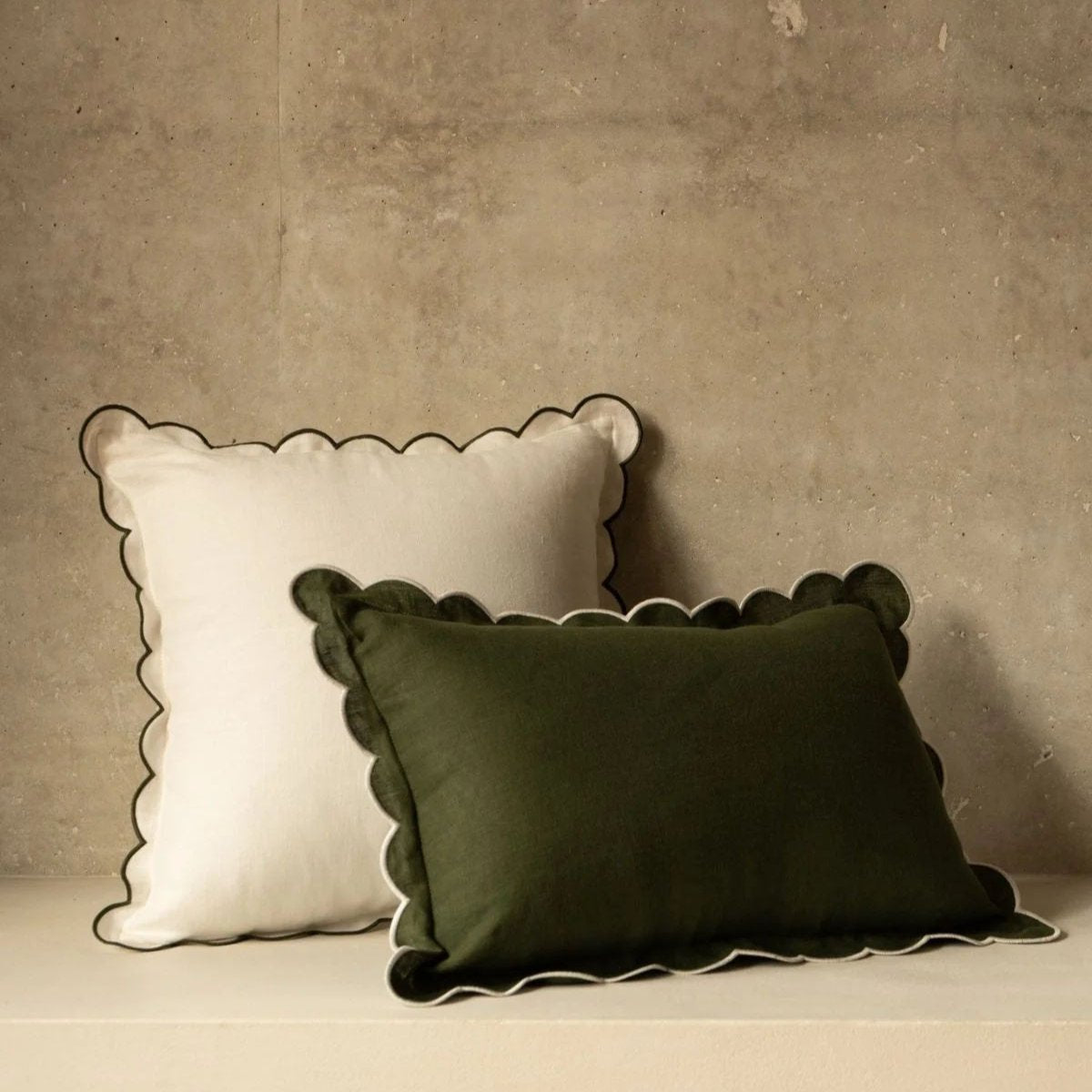 The Forest Green & White Scalloped Linen Rectangular Cushion