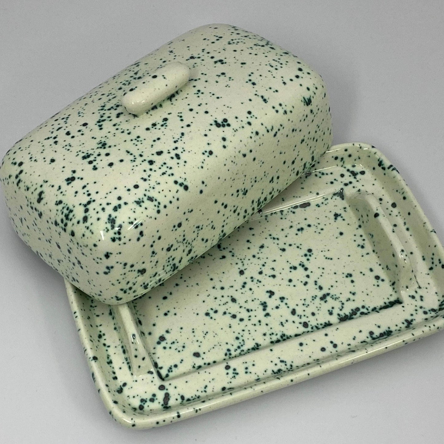 Butter Dish, Sugar Bowl, Milk Jug Set Speckled Green Glaze