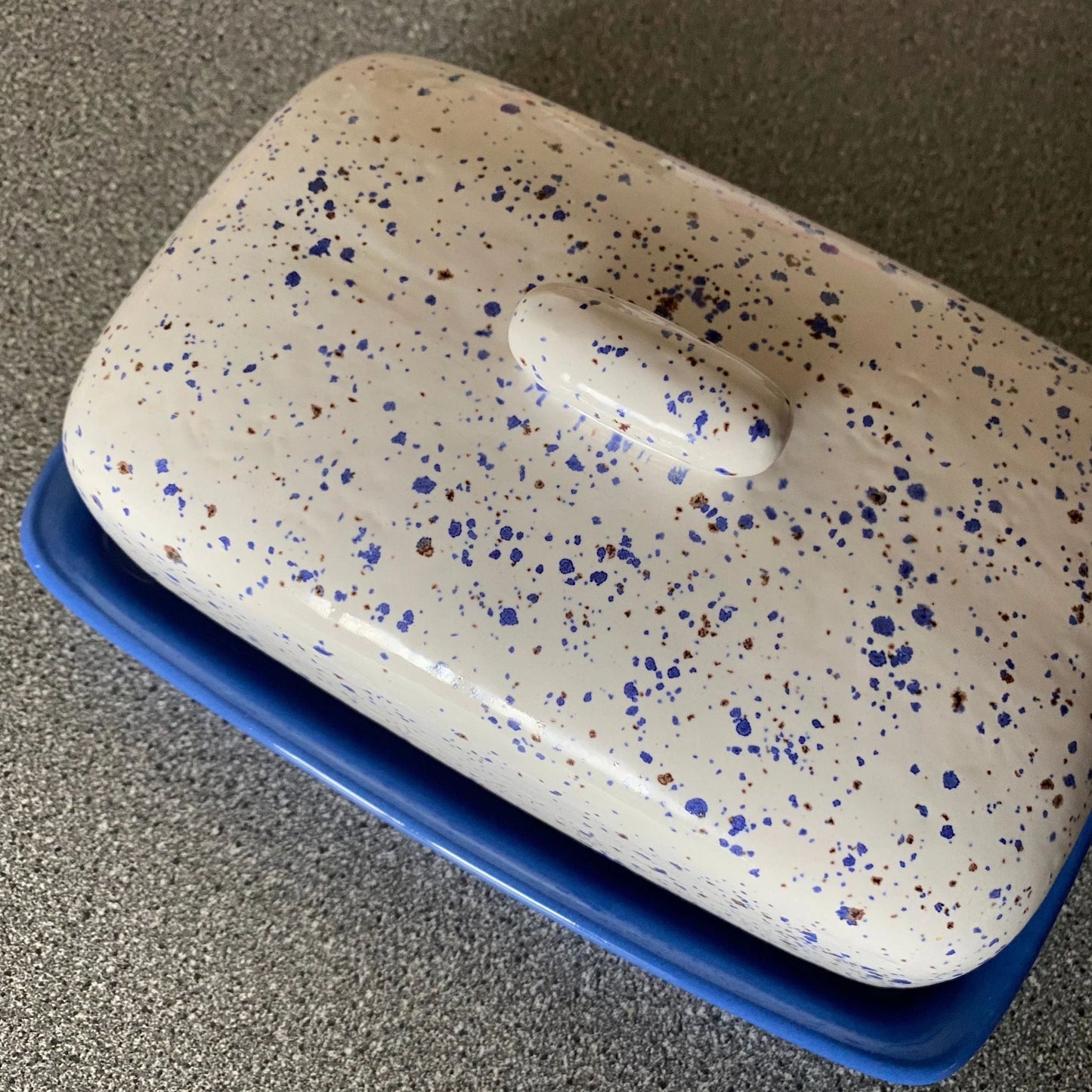 Butter Dish, Speckled Blue with Air Force Blue Dish