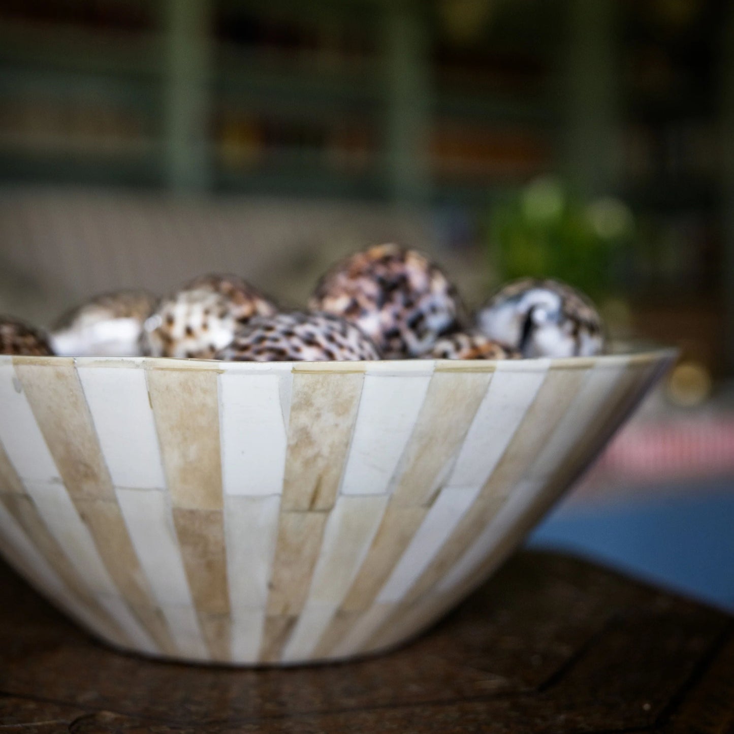 Large Bone Inlay Bowl | Beige & White | Striped