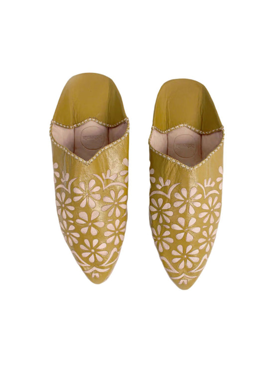 Moroccan Decorative Daisy Babouche Slippers, Mustard