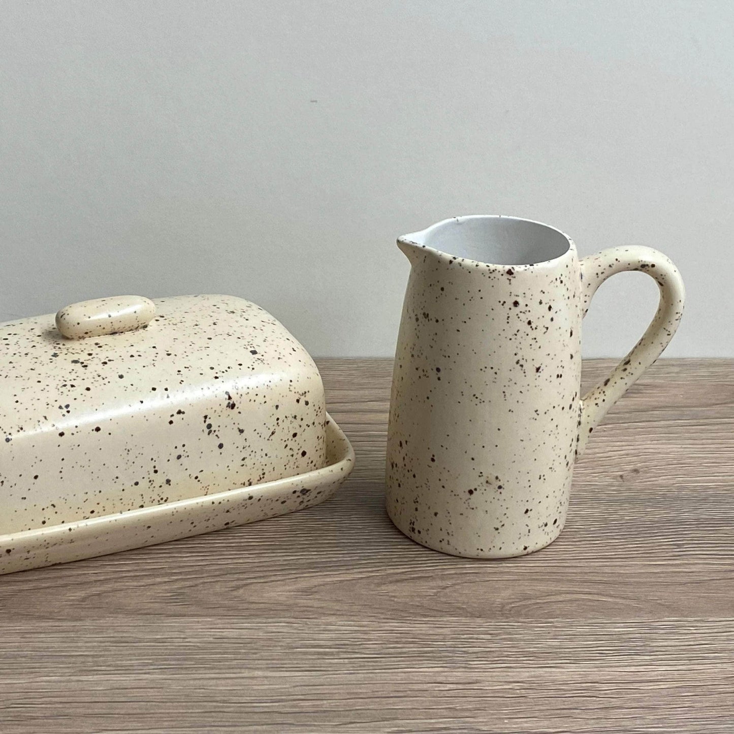 Butter Dish and Milk Jug set in Speckled Honey Glaze