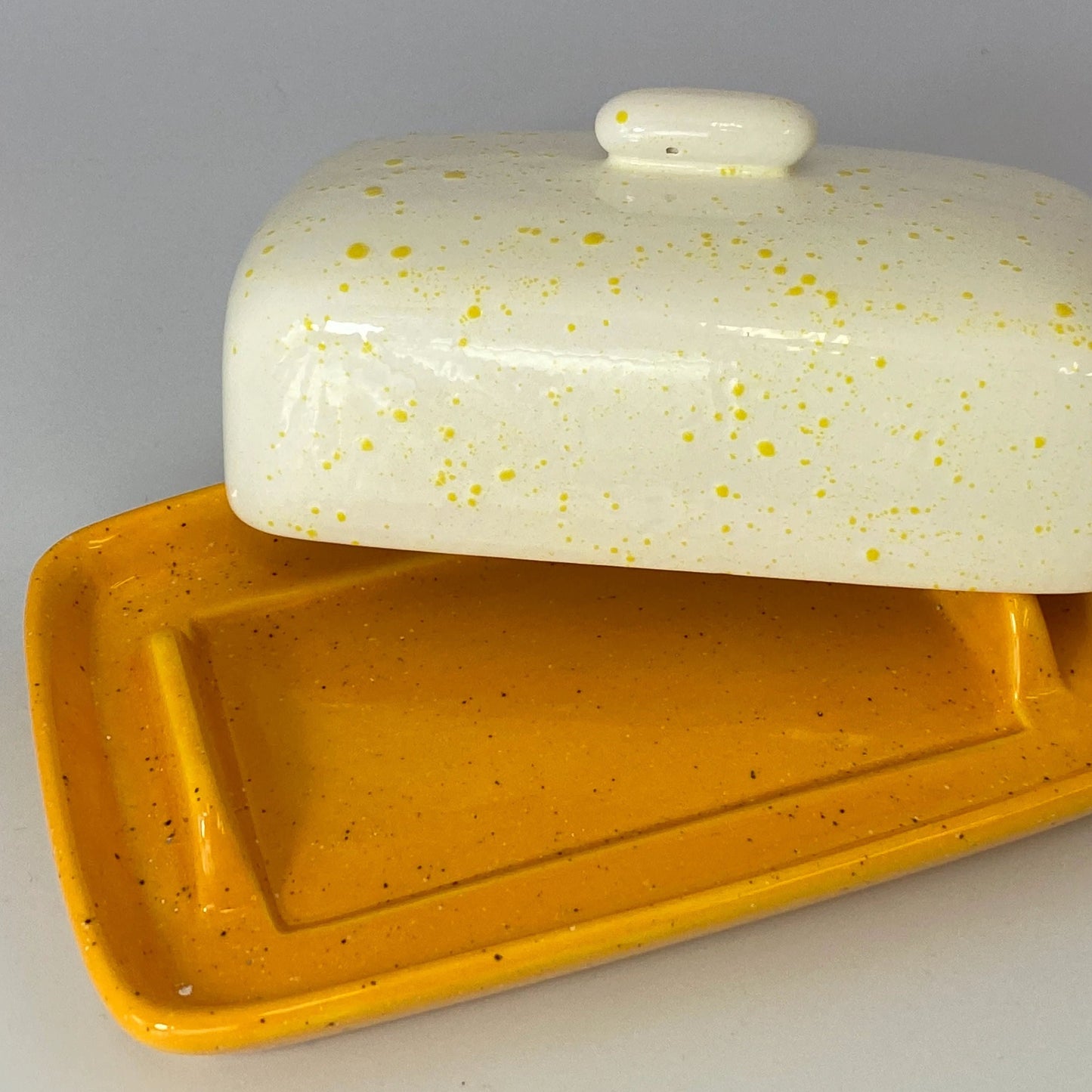 Butter Dish with White Lid Yellow Spots