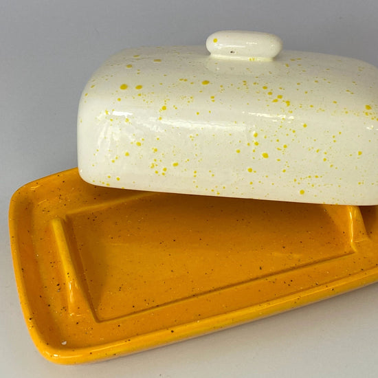 Butter Dish with White Lid Yellow Spots