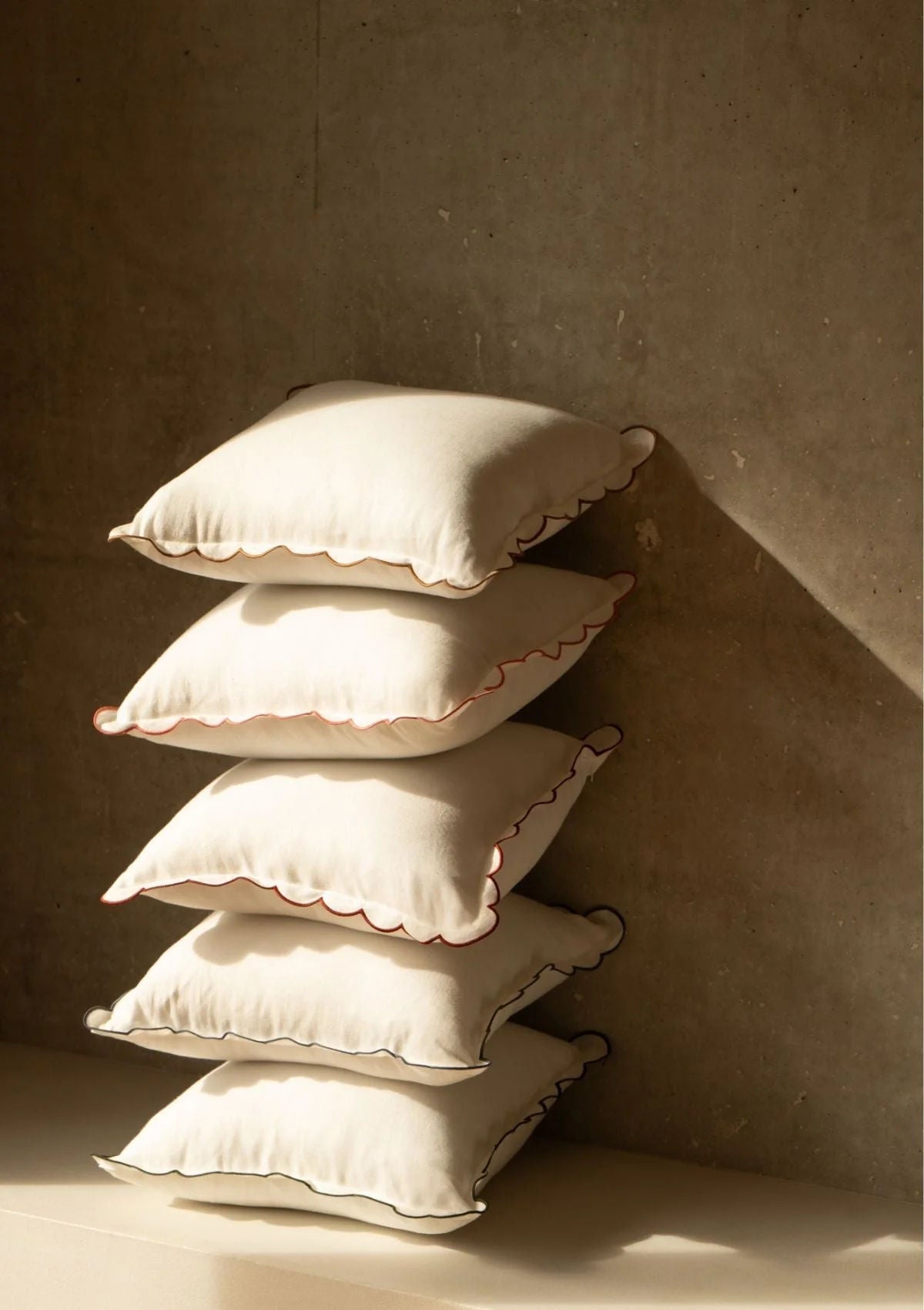 The White & Red Ochre Scalloped Linen Square Cushion