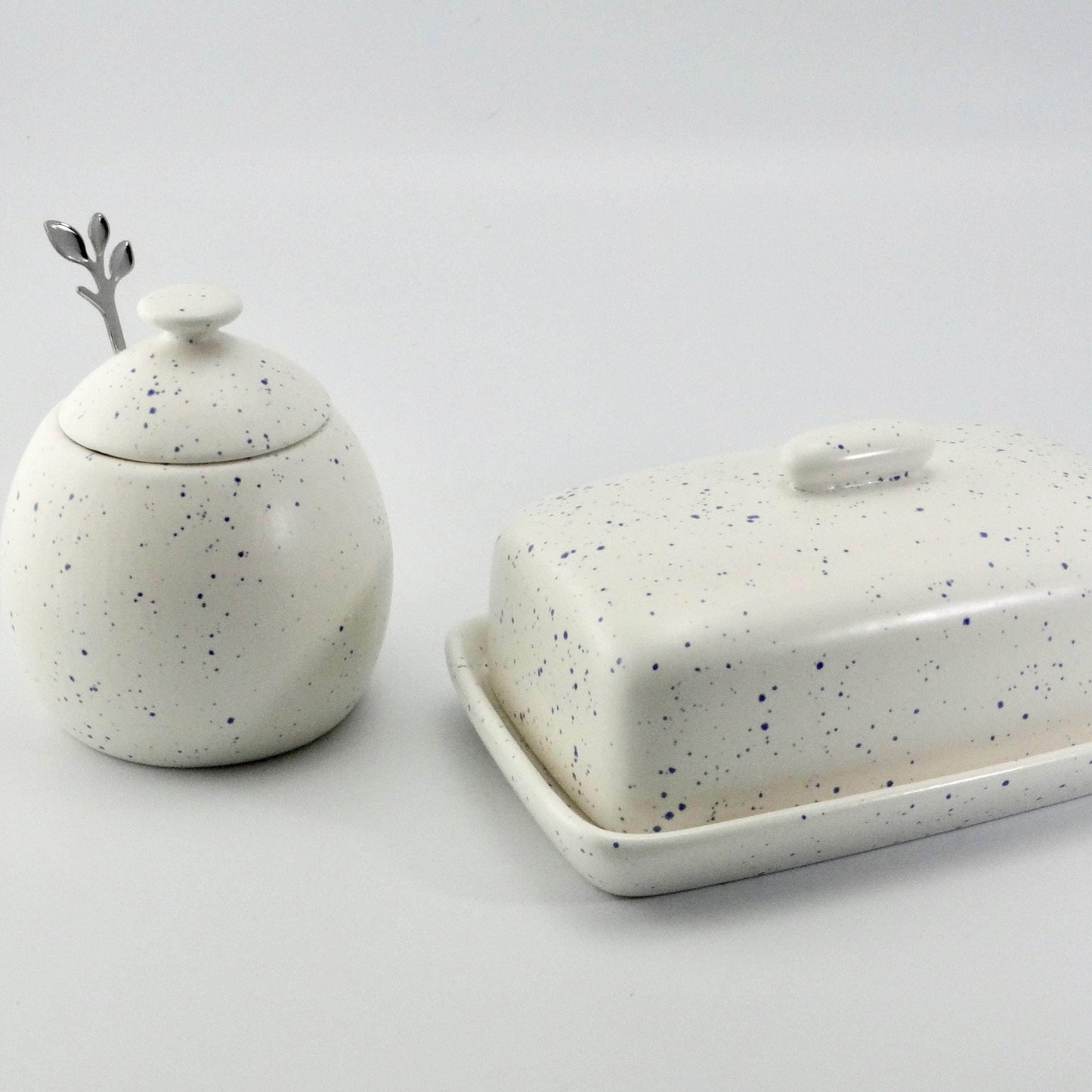 Butter Dish and Sugar Bowl Set - Light Blue Speckled Glaze