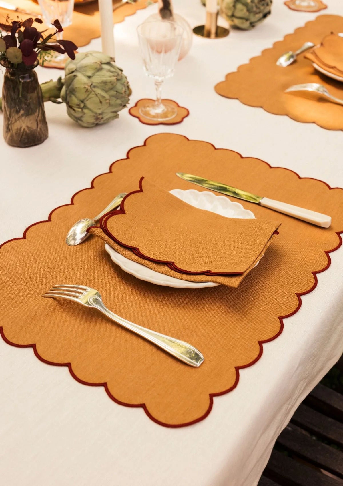 The Yellow and Red Ochre Linen Scalloped Rectangular Placemats (Set of 2)