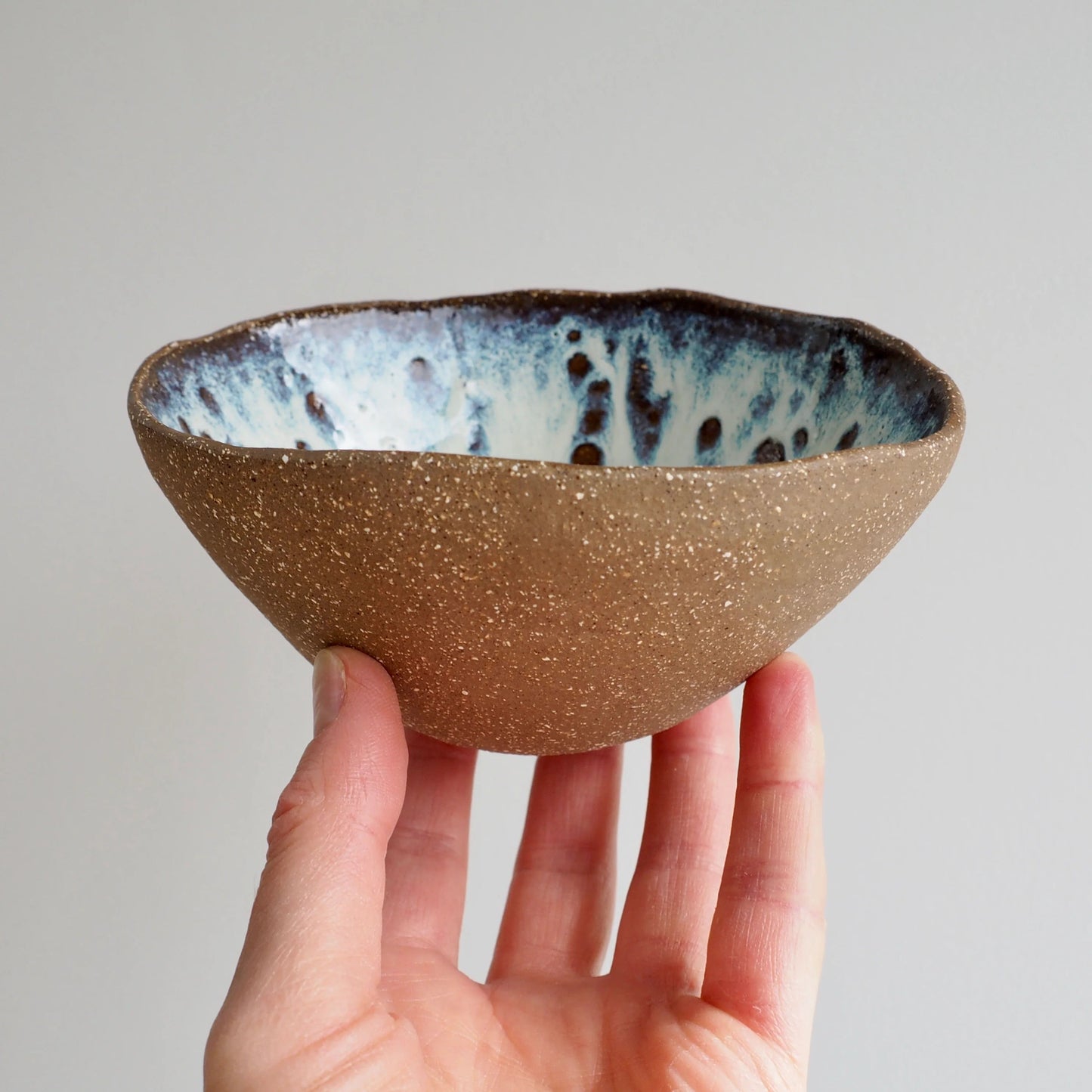 Handmade Brown Pottery Cereal Bowl With Cream / Blue Speckled Glaze