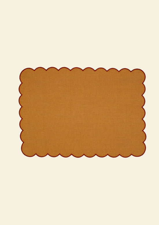 The Yellow and Red Ochre Linen Scalloped Rectangular Placemats (Set of 2)