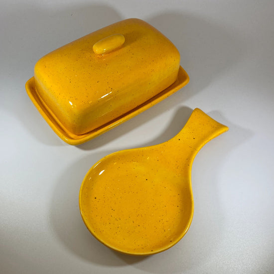 Speckled Yellow Butter Dish and Spoon Rest Set