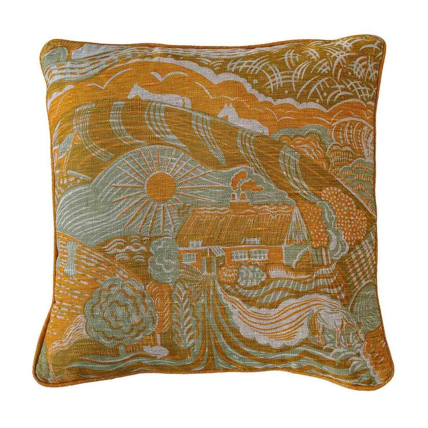 The Plough Small Piped Cushion in Harvest Gold and Corn Grey