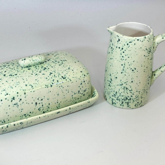 Butter Dish and Milk Jug Set Speckled Green Glaze