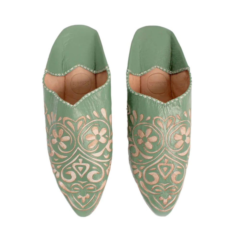 Moroccan Decorative Heart Babouche Slippers, Sage