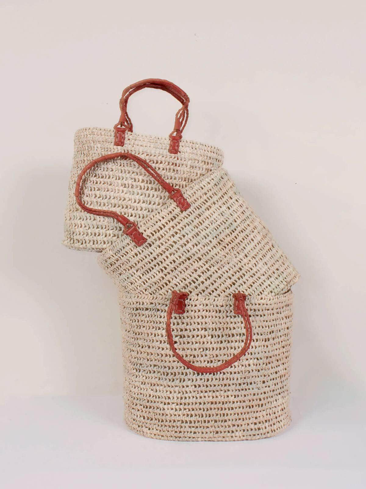 Pleated Leather Handle Basket - Terracotta