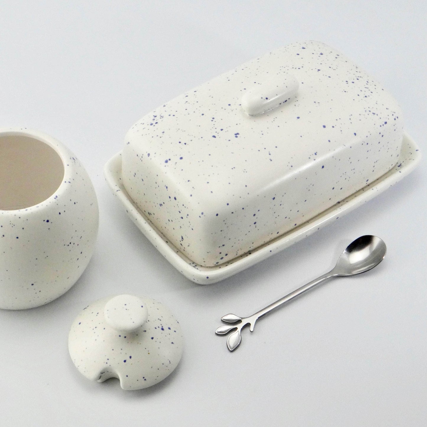 Butter Dish and Sugar Bowl Set - Light Blue Speckled Glaze