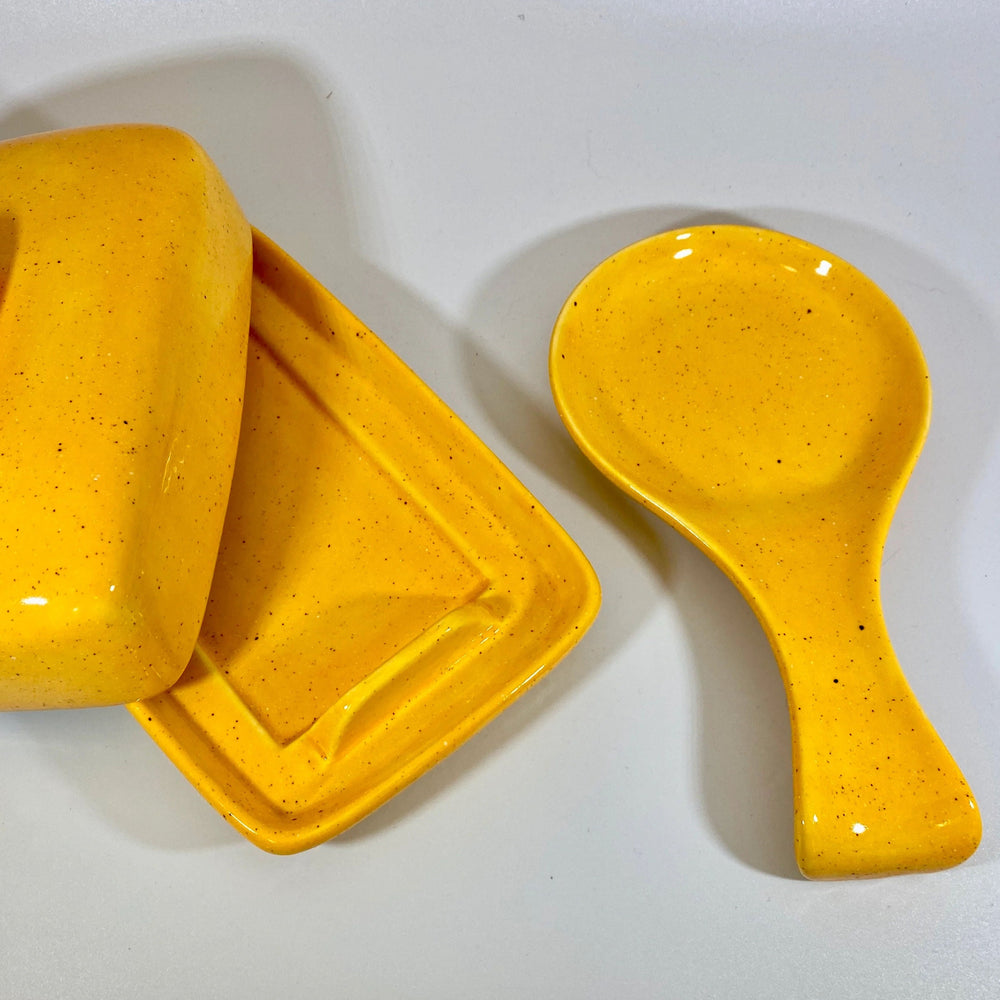 Speckled Yellow Butter Dish and Spoon Rest Set