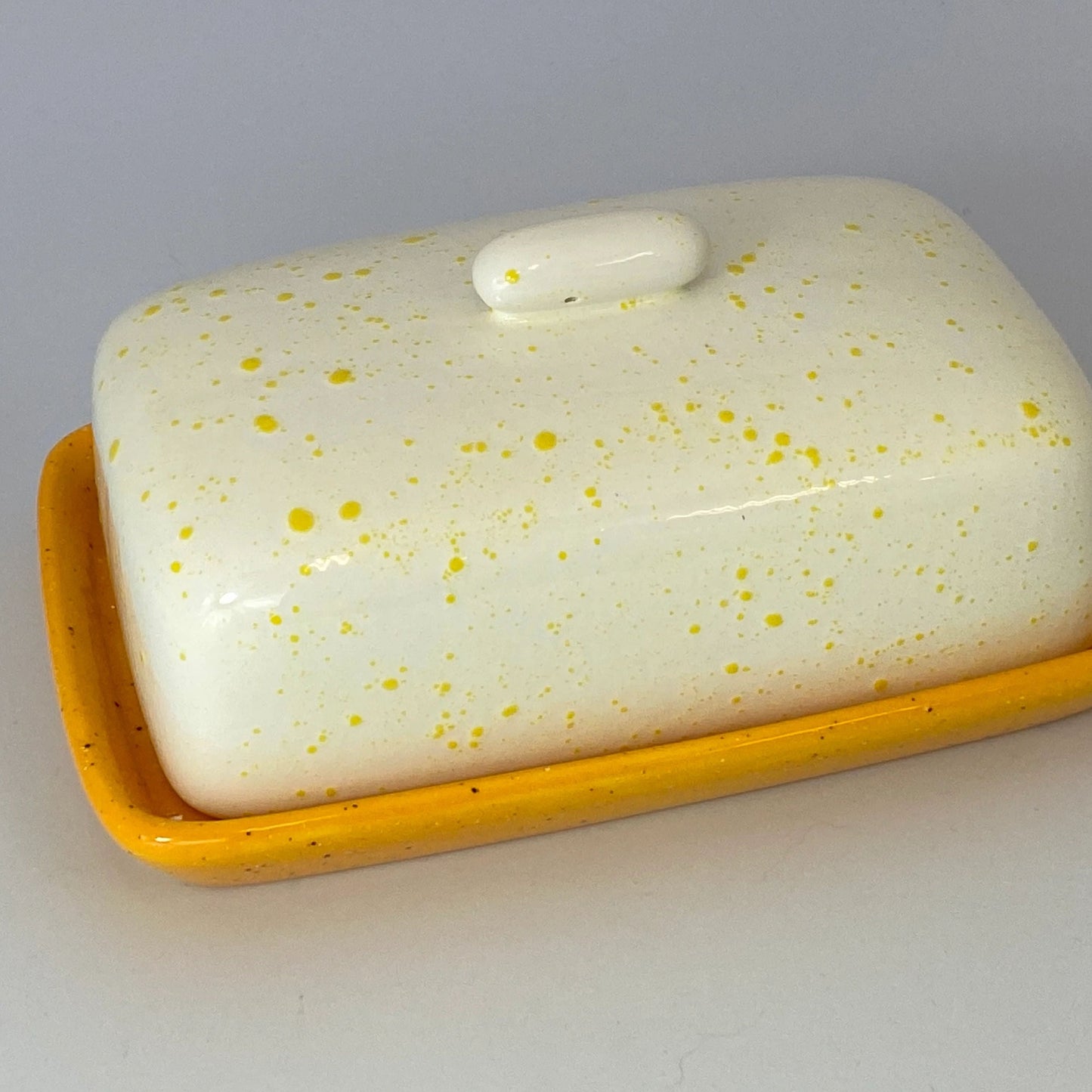 Butter Dish with White Lid Yellow Spots