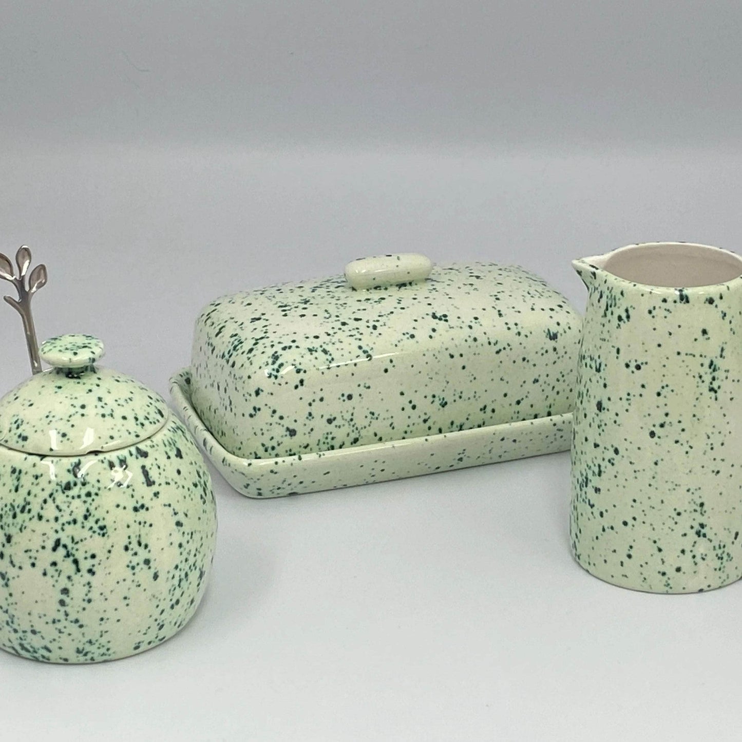 Butter Dish, Sugar Bowl, Milk Jug Set Speckled Green Glaze