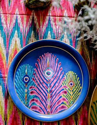 Les Ottomans x Matthew Williamson Hand-Painted Peacock Iron Tray - Blue