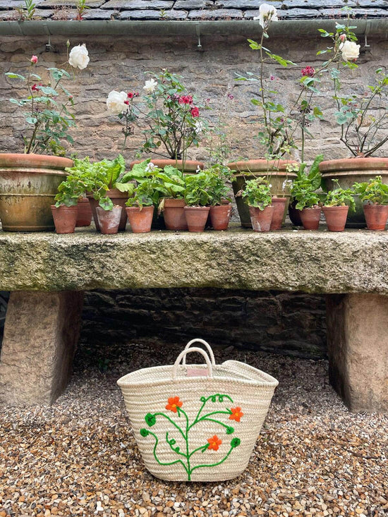 Hand Embroidered Market Basket, Nasturtium