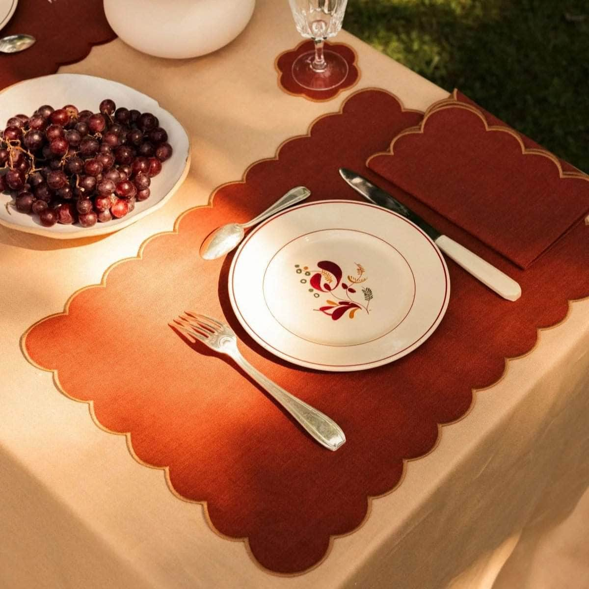 The Red and Yellow Ochre Linen Scalloped Rectangular Placemats (Set of 2)