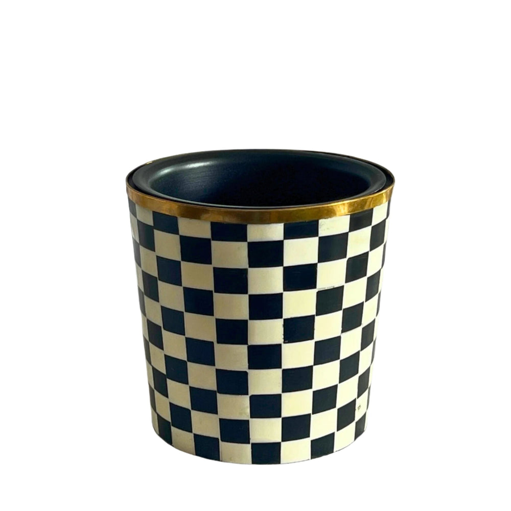 Round Inlay Planter Medium - Ebony Black - Chequered