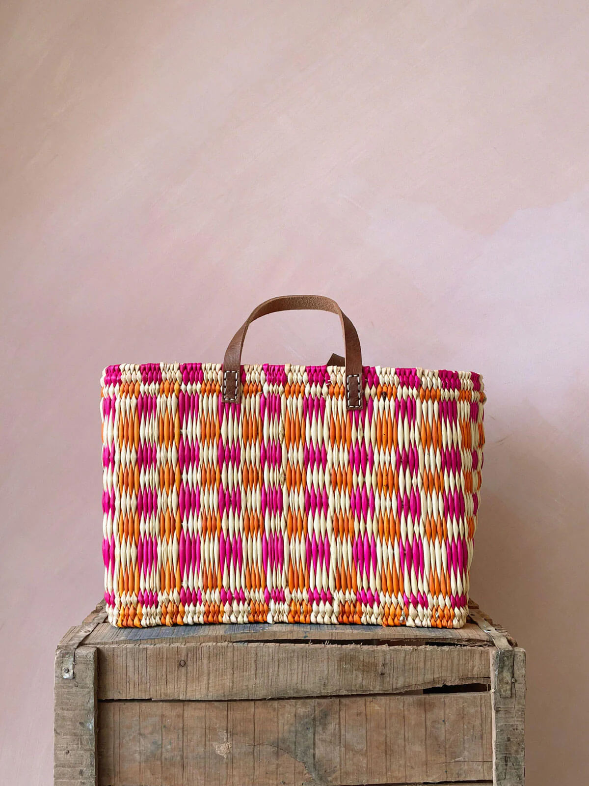 Chequered Reed Basket - Pink + Orange