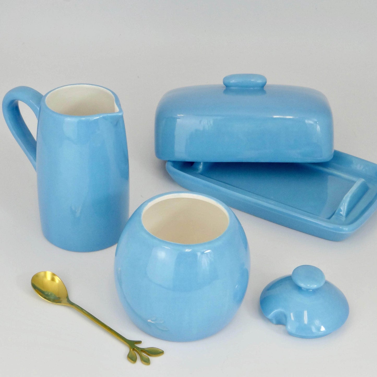 Butter Dish, Sugar Bowl, Milk Jug Set Sky Blue Glaze