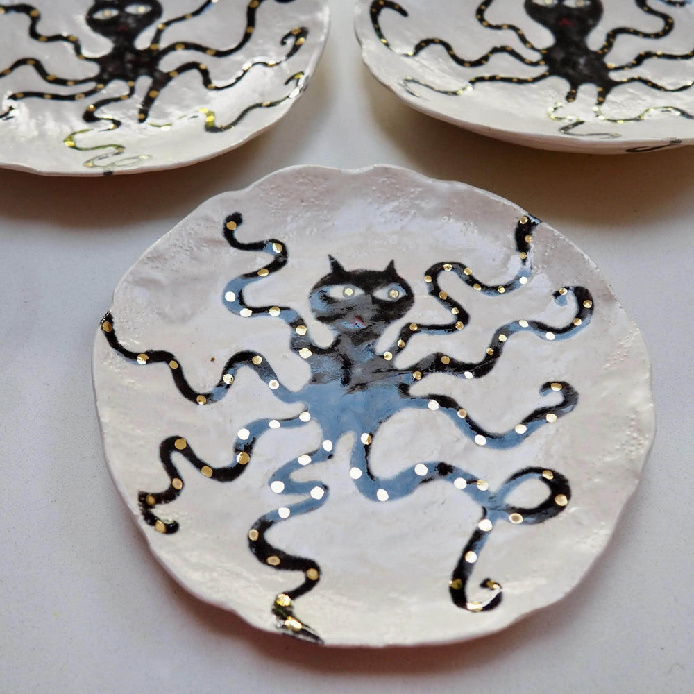 Handmade Octopus Illustrated Small Ceramic Plate With Gold Lustre