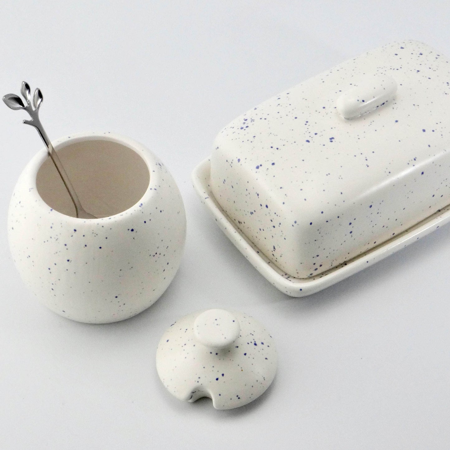 Butter Dish and Sugar Bowl Set - Light Blue Speckled Glaze