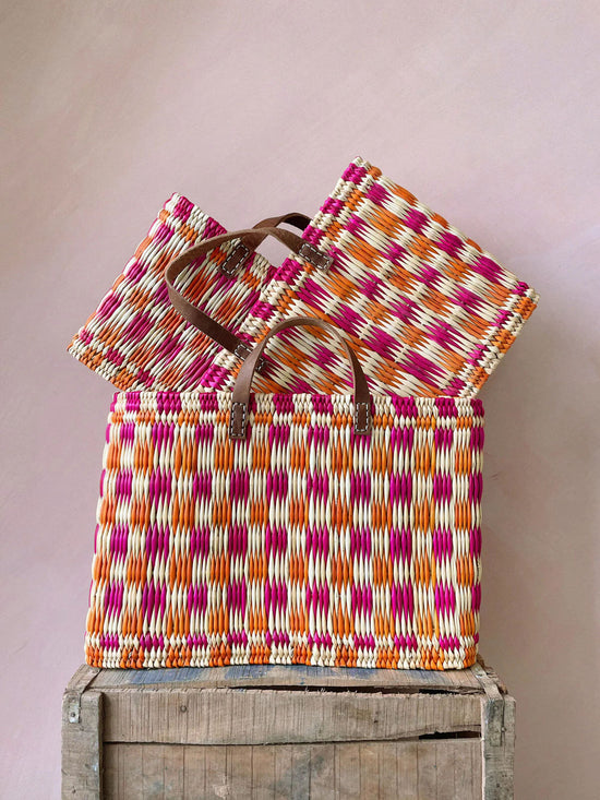 Chequered Reed Basket - Pink + Orange