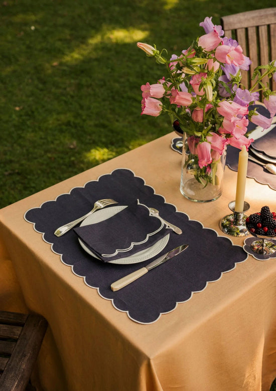 The Slate Blue and White Linen Scalloped Rectangular Placemats (Set of 2)